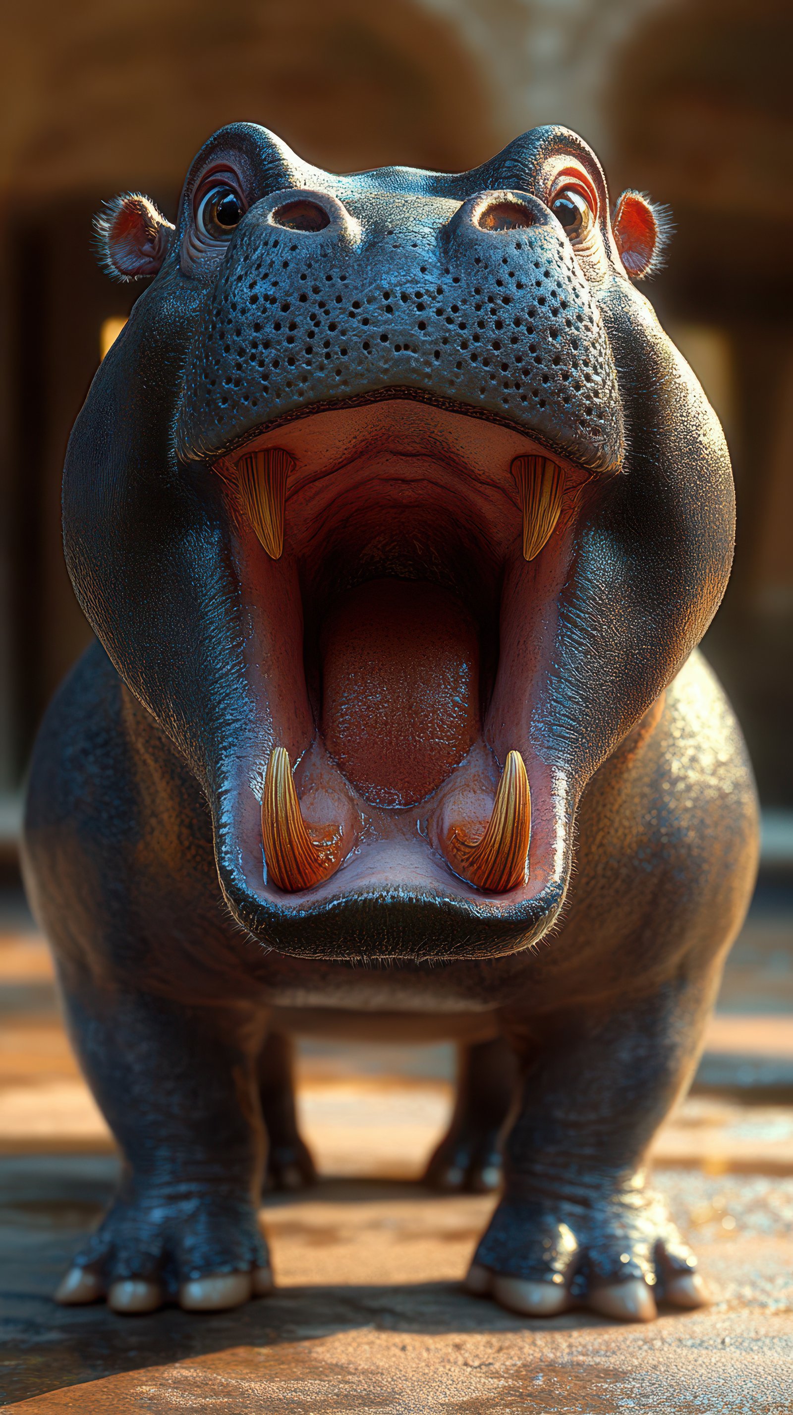 Large hippo opens its mouth wide in a natural setting during daylight hours, showcasing its teeth and unique features